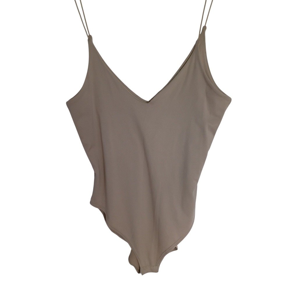 Gaze Womens Tan Beige V-Neck Spaghetti Strap Bodysuit Size S Small Base Layer